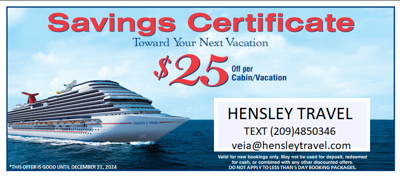 Cruise Or Tour Savings Certificate