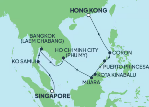 13 Day Asia Singapore to Hongkong map