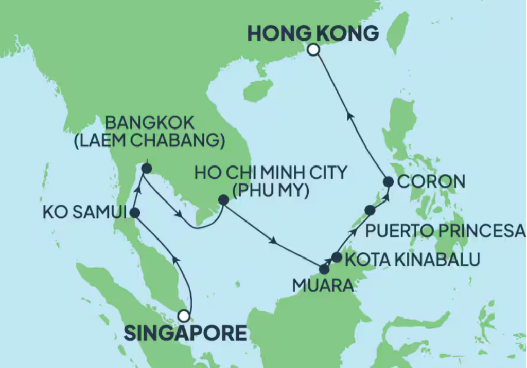 13 Day Asia Singapore to Hongkong map